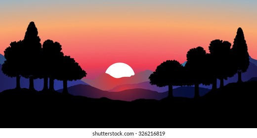 Vector image of mountain scenery with sunset, sunrise. The outline line forests of deciduous trees in the foreground and mountain range in the background. Pink sky in the background purple mountains.