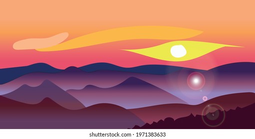 vector image of a mountain, sunset