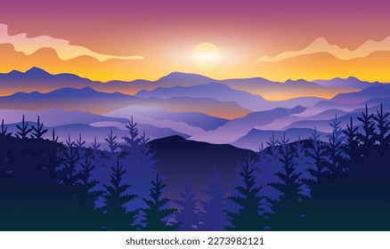 vector image of mountain view at sunset