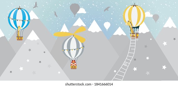 Vector image with mountains and balloons for children's room decoration. Giraffes and a cat on balloons.