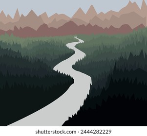 Vector image of mountains and coniferous forest at the foot. A river coming down from the mountains.