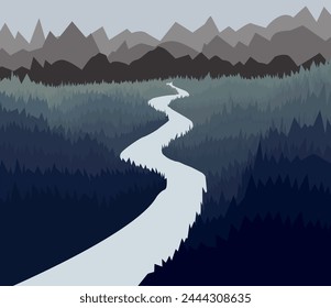 Vector image of mountains and coniferous forest at the foot. A river coming down from the mountains.