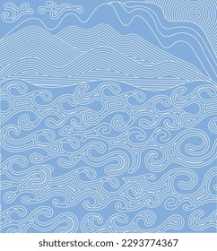 Vector image of mountains, lake, sky and sun in the form of a linear pattern that can be applied to a T-shirt or any other textile or printed products