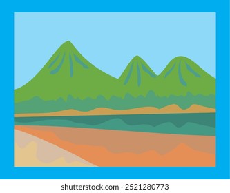 Vector image mountains with layered land landscape.