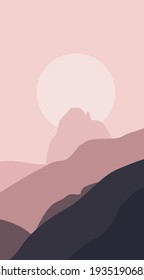 Imagen vectorial de montañas y sol. Paisaje en estilo plano. Colores rosas. Tonos muy delicados. abstracción moderna y elegante en un estilo minimalista. Diseño para tarjetas, carteles, fondos.