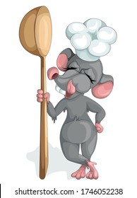 Vector image of a mouse with the attributes of a kitchen worker in the form of a cook hat and a wooden cover. Concept. Cartoon style. EPS 10