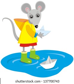 Vector image of mouse playing with paper ship