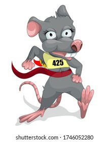 Vector image of a mouse running a distance and finishing with a tear of a red ribbon. Concept. Cartoon style on a white background. EPS 10