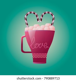 Vector image of a mug with cocoa and marshmallow, with straws in the shape of a heart, and the inscription "love".
