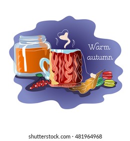 vector image of a mug of hot tea, jars of honey and dessert - macaroons