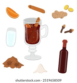 Vector image with mulled wine and its products. Image of alcoholic cocktail of wine with anise, ginger and oranges. Recipe for making hot drink for New Year and Christmas.