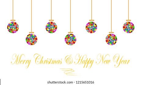 Vector image of multicolor balls with a Merry Christmas and Happy New Year banner. White background. 
