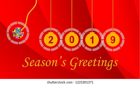 A vector image of a multicolor ornament striking gold color 2019  balls on red background. Season's greetings, Merry Christmas, Happy New Year 2019 concept.