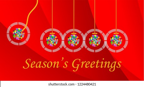 A vector image of multicolor sphere ornaments with red background. Season's greetings, Merry Christmas, Happy New Year concept.