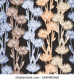 Vector image of multi-colored dandelions on a black background. Seamless background for wallpaper, textile and wrapping paper.