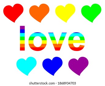 Vector image of multi-colored hearts and word love. Hearts are symbols of love painted with bright colors of the rainbow. Multicolored background