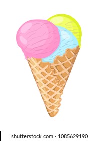 Vector image of multi-colored ice cream balls in waxy cone-shaped cone horn, isolated on white background. Frozen creamy dessert.