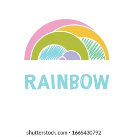 Vector image of a multi-colored rainbow on a white background and a stylized signature under it. It can be used for business, kindergarten, babystore, training, playground. Logo, banner rainbow.