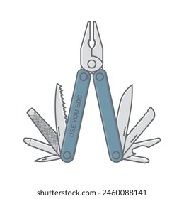 Vector image of a multitool with the words "USE YOU EDC" written on it. It is shown in the open position. Isolated on white background