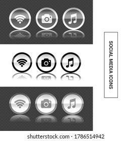Vector image. Image of a music button, wireless and camera. Modern digital image.