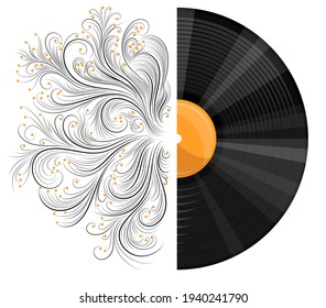 Vector image of a musical record with a pattern or engraving in a realistic style with cartoon elements. EPS 10. Isolated on white background