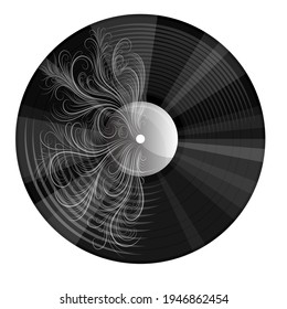 Vector image of a musical record with a pattern or engraving in a realistic style with cartoon elements. EPS 10. Isolated on white background