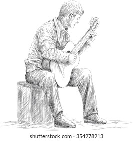 The vector image of the musician playing on acoustic guitar.