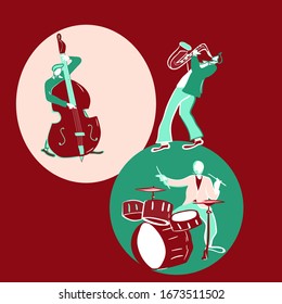 vector image of musicians. jazz musicians. double bass player, drummer, saxophone player.