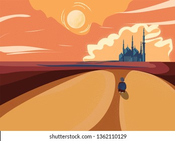 Imagen vectorial de la vida musulmana en el desierto. El religioso musulmán reza en la duna de arena en el desierto. El vector de caricatura de mezquita, polvo, arena, desierto y oración. Concepto de celebración del Ramadán. 