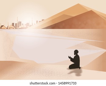 Vector image of Muslim life in the desert.The religious Muslim traveler prays on the sand dune in the desert.The cartoon vector of mosque,dust,sand,desert and prayer.Concept of Ramadan celebration. 