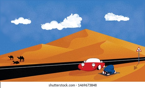 Vector image of Muslim life in the desert.The religious Muslim man prays at the highway in the desert.The cartoon vector of muslim journey by sport car with dust,sand.Concept of Ramadan celebration