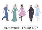 Vector image of muslim women in different dresses. Collection of girls in hijab, shawl, closed clothes.