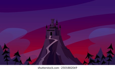 Vector image of a mysterious castle on a high mountain against the background of the night sky and dark forest. The game interface design is presented in a flat style.