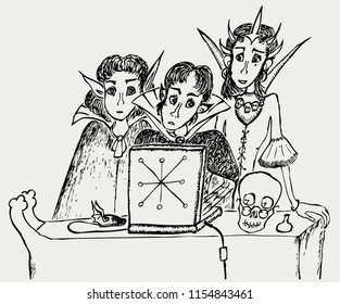 Vector image of mythical creatures working on their laptop