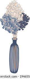 vector image of a narrow vase with hydrangea in blue and beige tones