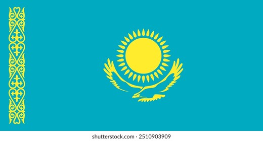 Vector Image Of National Kazakhstan flag. 
Yellow sun, eagle and traditional kazakh ornament on a blue background. Flag of Republic of Kazakhstan. Symbol of independence, patriotism. Official colors