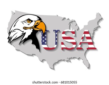 Vector image of a national poultry USA - bald eagle - against the background of the outline of the map of America and the inscription of the USA in the colors of the national flag