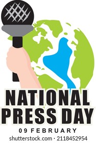 
a vector image of a national press day celebration logo, in the form of an image of the earth and a press's hand