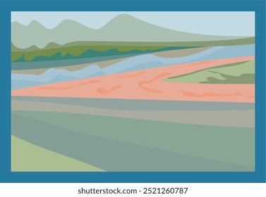 Vector image of natural landscape with natural panorama of mountains.