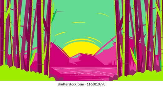 Vector image of nature, bamboo trees in the foreground with green leaves, bushes, mountains and a lake with the rising sun in the background, in pink and green shades