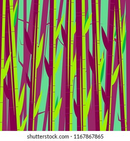 Vector image of nature, bamboo trees in the foreground with green leaves in pink and green tones