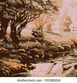 Vector image of nature. Season summer or early autumn. Trees, stream, rocks. Beautiful picture.