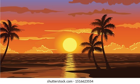 a vector image of nature with the sun going down behind the sea which is something of amazing beauty