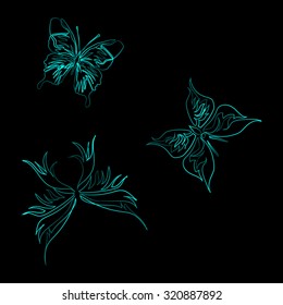 Vector image of neon butterflies in abstract art style, done in a slightly psychedelic manner