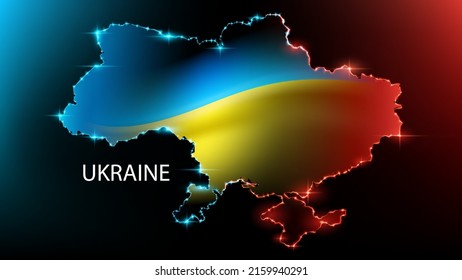 Vector image. Neon contours of the borders of Ukraine on a dark background. Waving yellow-blue Ukrainian flag. Fight for independence and freedom.