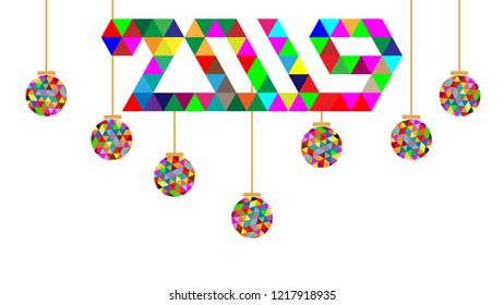 Vector image of a new year 2019 banner surrounded by multicolor balls with similar pattern. White background. Merry Christmas and Happy New Year concept.