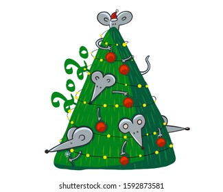 vector image, new year 2020 greeting card, festive Christmas tree, mouse, symbol of the year, decorate the Christmas tree on the eve of the holiday.
