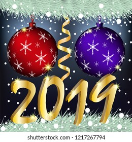 Vector image of the New Year background with golden serpentine and inscription 2019, Christmas tree branches with ornaments in the form of colorful balls, on a transparent background