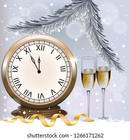 Vector image of a New Year card featuring an ancient watch, glasses of champagne wine, serpentine and sprigs of fir trees on a snow-covered background
