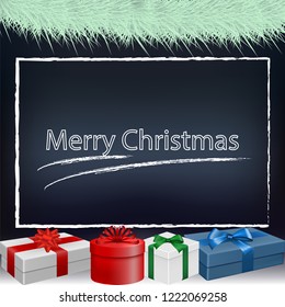 Vector image of a new year, christmas background with the words of a happy christmas. Gifts under the Christmas tree